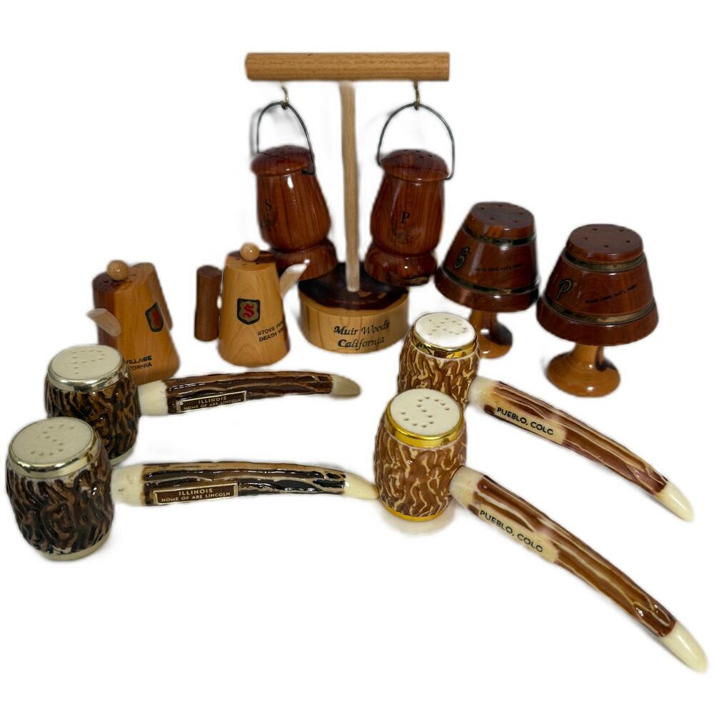 Vintage 5 Sets Wood Salt & Pepper Shakers Lantern Coffee Pot Lamp Corn Cob Pipes